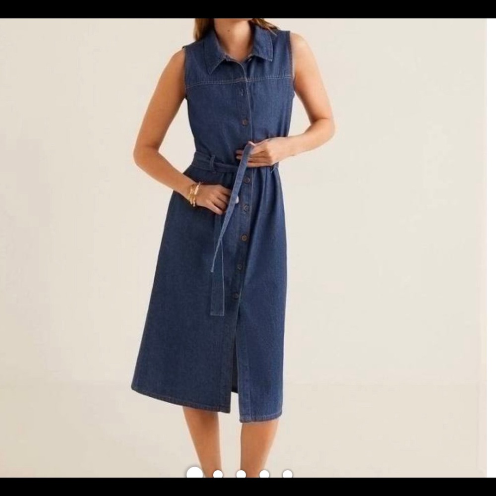 Mango Sleeveless Dark Blue Denim Midi Dress with Tie Belt